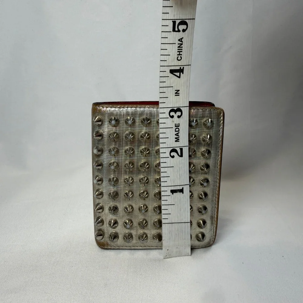 Christian Louboutin Paros Spiked Bifold Wallet Silver Metallic Red Leather